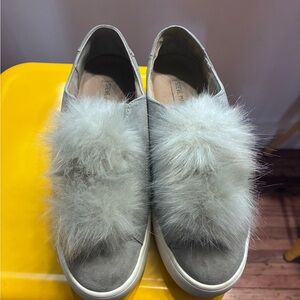 Steve Madden Gray Slip-On Sneakers with Plush Pom Trim
